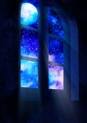 窓から見える満月の出た夜空と部屋に差し込む月光のイラスト