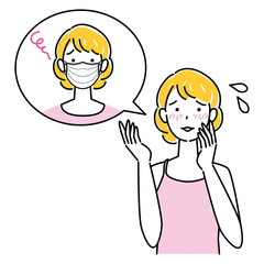 スキンケア マスクの着用が原因で肌荒れになった女性 イラスト シンプル ベクター