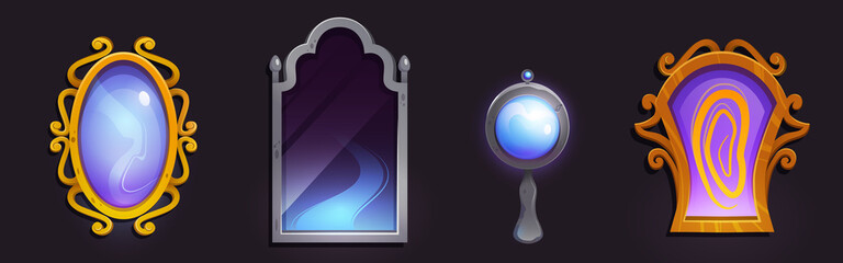 Magic mirrors in golden and silver frame. Vector cartoon set of fairytale mirrors, gui elements for game about witch, witchcraft or wizard isolated on black background