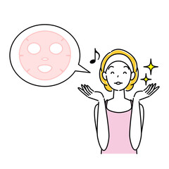 スキンケア パックをして美肌になり喜んでいる女性 イラスト シンプル ベクター