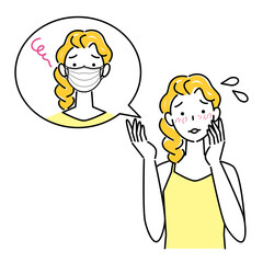 スキンケア マスクの着用が原因で肌荒れになった女性 イラスト シンプル ベクター