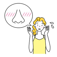 スキンケア 顔のお肌トラブルで困っている女性 ヒリヒリしている イラスト シンプル ベクター