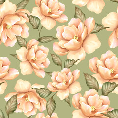 Seamless pattern with yellow flowers on green background. Floral pattern