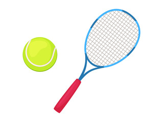 Tennis racket and ball in cartoon style. Tennis equipment vector. Isolated on a white background.
