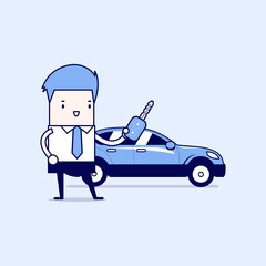 Businessman holding a key of a new car. Cartoon character thin line style vector.