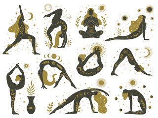 Magical yoga women. Mystical esoteric female silhouettes, minimalist meditating girls vector illustrations set. Yoga feminine contemporary concept - obrazy, fototapety, plakaty