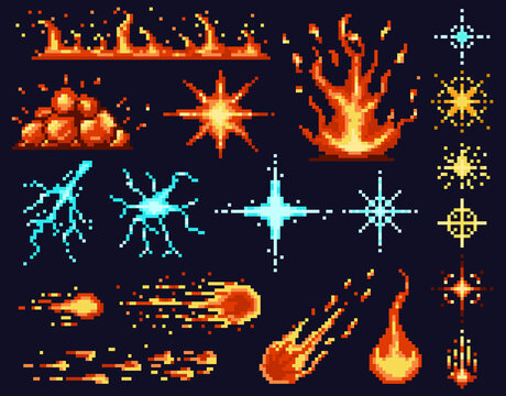Pixel game light effects. Bright flash, light flares, sparkler, energy sparks and fire light symbols vector illustration set. Games ui light effects