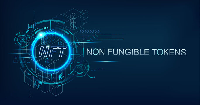 NFT non fungible tokens banner logo for business technology, cryptocurrency, blockchain, unique digital items, crypto art and digital asset. futuristic vector landing page concept background.