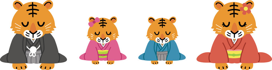 2022年（寅年）の年賀状素材（着物姿でお辞儀をする虎の家族）