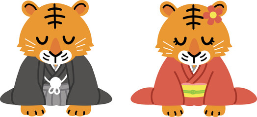 2022年（寅年）の年賀状素材（着物姿でお辞儀をする虎の夫婦）