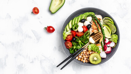 Trendy salad. Chicken grilled fillet with salad fresh vegetables and fruits, ketogenic diet lunch concept, banner, menu recipe place for text, top view