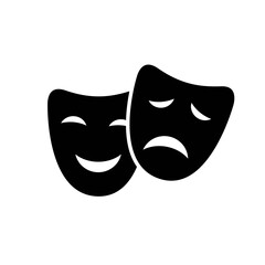 Comedy and drama, tragic and comic face mask black icon. Happy and sad mood silhouette. Trendy flat isolated symbol, sign for: illustration, logo, mobile, app, design, web, dev, ui, ux. Vector EPS 10