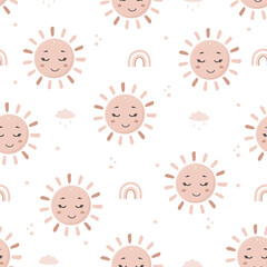Seamless pattern with cute boho sun. Contemporary design for wallpaper and home decor. Modern vector illustration in flat cartoon style.
