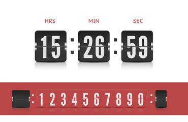 Coming soon web page design template of flip time counter with reflection on white background. Scoreboard number font. Vector modern ui design old countdown timer with numbers.