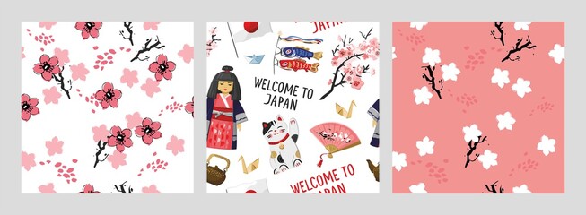 Set of seamless patterns with masks, pagoda, Asian elements. Collection of Japanese-style backgrounds with fihs, lanterns, souvenirs, traditional symbols for fabric, wallpaper. Vector illustration.