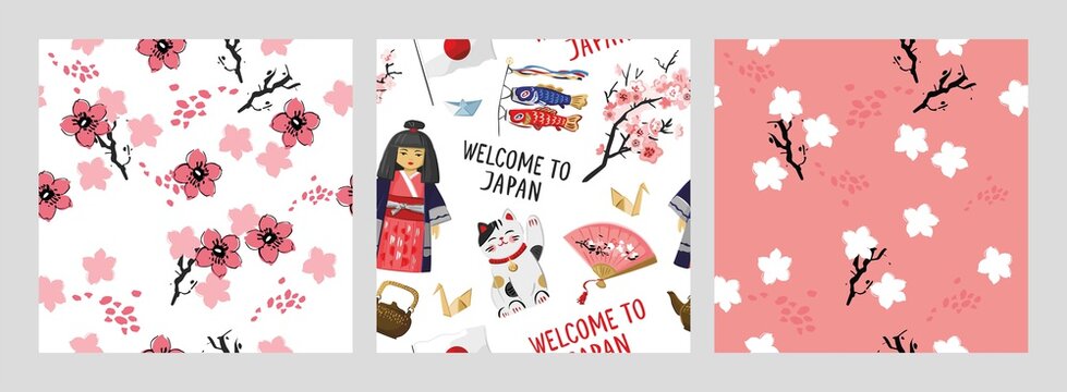 Set of seamless patterns with masks, pagoda, Asian elements. Collection of Japanese-style backgrounds with fihs, lanterns, souvenirs, traditional symbols for fabric, wallpaper. Vector illustration.