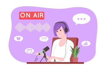 Podcast concept. Podcasting cartoon illustration. Podcaster speaking in microphone and recording audio podcast or online show. Radio presenter broadcasts on the radio. Vector flat illustration.