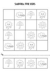 Sudoku game for kids with cute black and white weather elements.