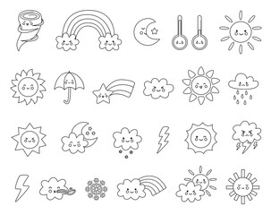 Black and white set of cute vector weather elements in cartoon style. Collection of childish illustrations.