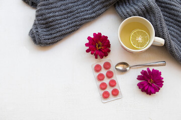 herbal healthy drinks honey lemon with cough sore throat pills and knitting wool scarf for...