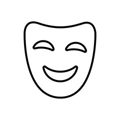 Comedy or comic face mask thin black icon. Happy mood silhouette. Trendy flat isolated symbol, sign for: outline illustration, logo, mobile, app, design, web, dev, ui, ux. Vector EPS 10