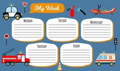 School timetable template for 5 days a week for students. Includes hand-drawn rescue vehicles.