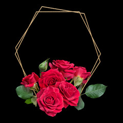Red roses polygonal geometric frame isolated on black background. For invitation, greeting, wedding card.