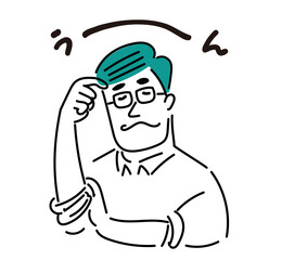 頭を抱えて考えるメガネの男性のイラスト素材