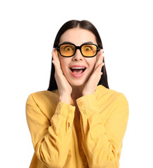 Surprised young woman wearing stylish sunglasses on white background