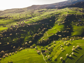 Spring landscape in Slovakia. Polana region, Hrinova. Green spring rural hills landscape, fields, flowering trees, organic farming © Zedspider