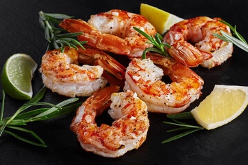 Grilled prawn tails with lemon and rosemary on black background