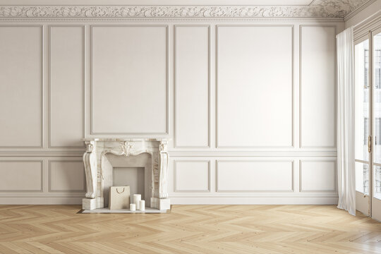 Classic white-beige blank wall empty interior with fireplace and moldings. 3d render illustration mockup.