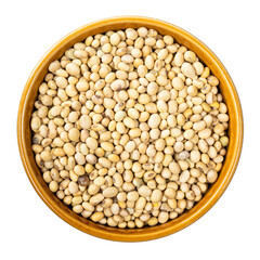 dried soybeans in round bowl cutout on white