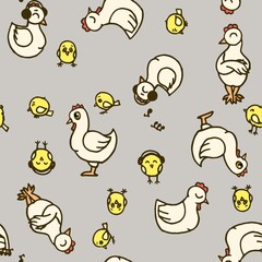 Chickens and chicks. Seamless illustration. Cartoon sketch style. Hand outline drawing cheerful funny animal. vector