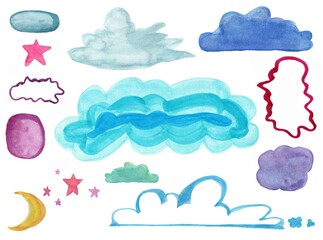 Set of cloud isolated on white background ;Hand drawn watercolor brush painting. Use for Design App, Postcards, Packaging, Items, Websites and Material-illustration