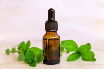 bottle with mint essential oil and green leaves. fresh green peppermint herbal essensce for spa and alternative madicine