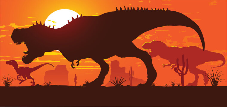 vector image of a herd of tyrannosaurs racing for prey against the backdrop of the setting sun