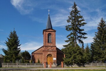 view of the brick Mariavite church from 1907 in Peplowo, Poland 