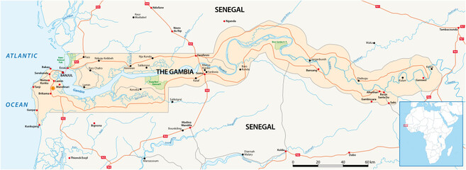 Road map of the West African state of Gambia