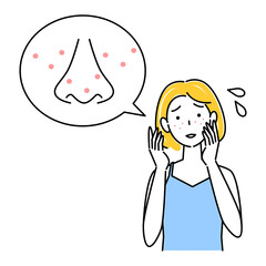 スキンケア 顔のお肌トラブルで困っている女性 ぶつぶつが出来ている イラスト シンプル ベクター