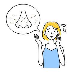 スキンケア 顔のお肌トラブルで困っている女性 小鼻の毛穴の黒ずみ そばかす イラスト シンプル ベクター