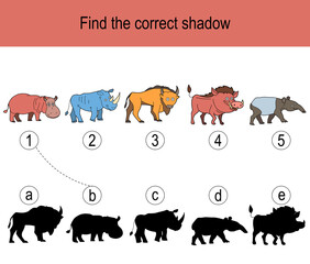 Obraz premium Find the correct shadow puzzle with animals living in tropics. Illustration can be used as logic game for children.