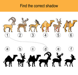 Find the correct shadow puzzle with animals living in south. Illustration can be used as logic game for children.