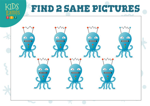 Find two same pictures kids puzzle vector illustration.
