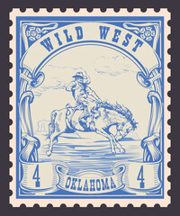 Obraz premium vector image of a cowboy on a horse in the form of a postage stamp printing on paper for t-shirt 