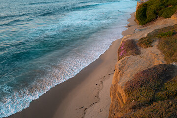 Panoramic view of sea rock in ocean. Beautiful serene scene. Nature landscape, scenery beach. Summer vacation background.