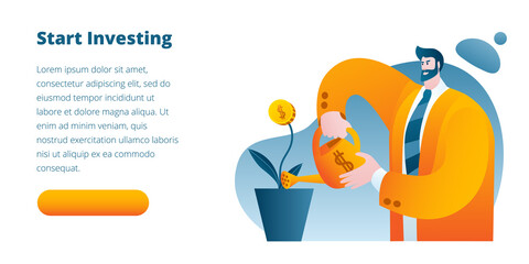 An investor in a business suit is watering a money tree. The concept of a vector illustration on the topic of the right investment. Template for a horizontal banner. - obrazy, fototapety, plakaty