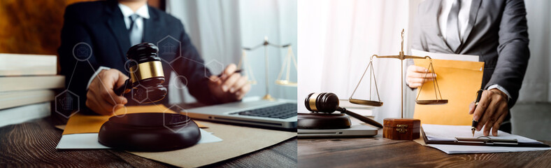 Business and lawyers discussing contract papers with brass scale on desk in office. Law, legal...