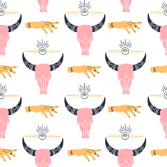 Obraz premium Seamless pattern with magic symbol cute pink buffalo skull and psychic, mystic hand drawn repeat wallpaper in modern style. Occult witchcraft vector illustration for fabric, textile and wrapping paper