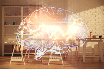 Multi exposure of brain drawing and office interior background. Concept of data technology.